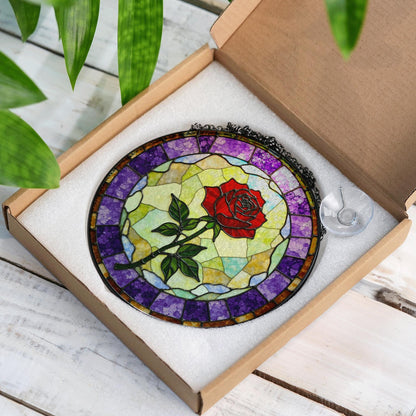 Red rose bloom with purple mosaic round stained glass suncatcher gift for flower lovers