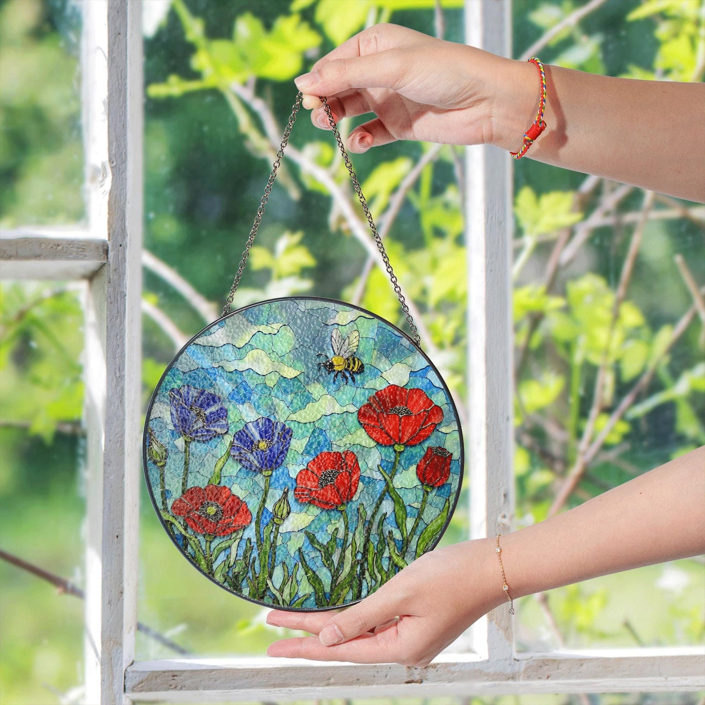 Bee and Wildflower Stained Glass Sun Catcher Round Window Decor Gift for Nature Mom
