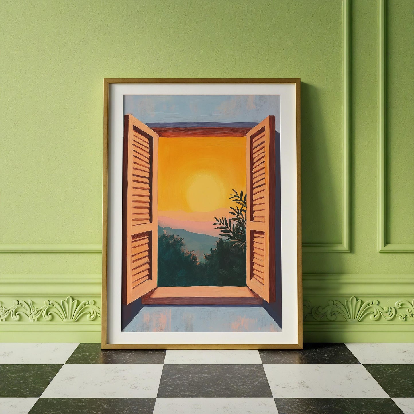 Matisse Style Window View Print: Fauvism Mountain Sunset Art