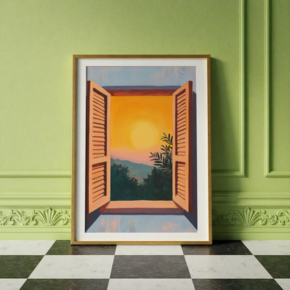 Matisse Style Window View Print: Fauvism Mountain Sunset Art