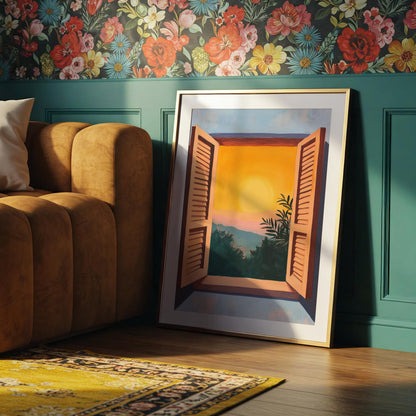 Matisse Style Window View Print: Fauvism Mountain Sunset Art