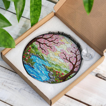 Cherry Blossom River Spring Stained Glass Suncatcher Nature Window Decor Gift for Mom