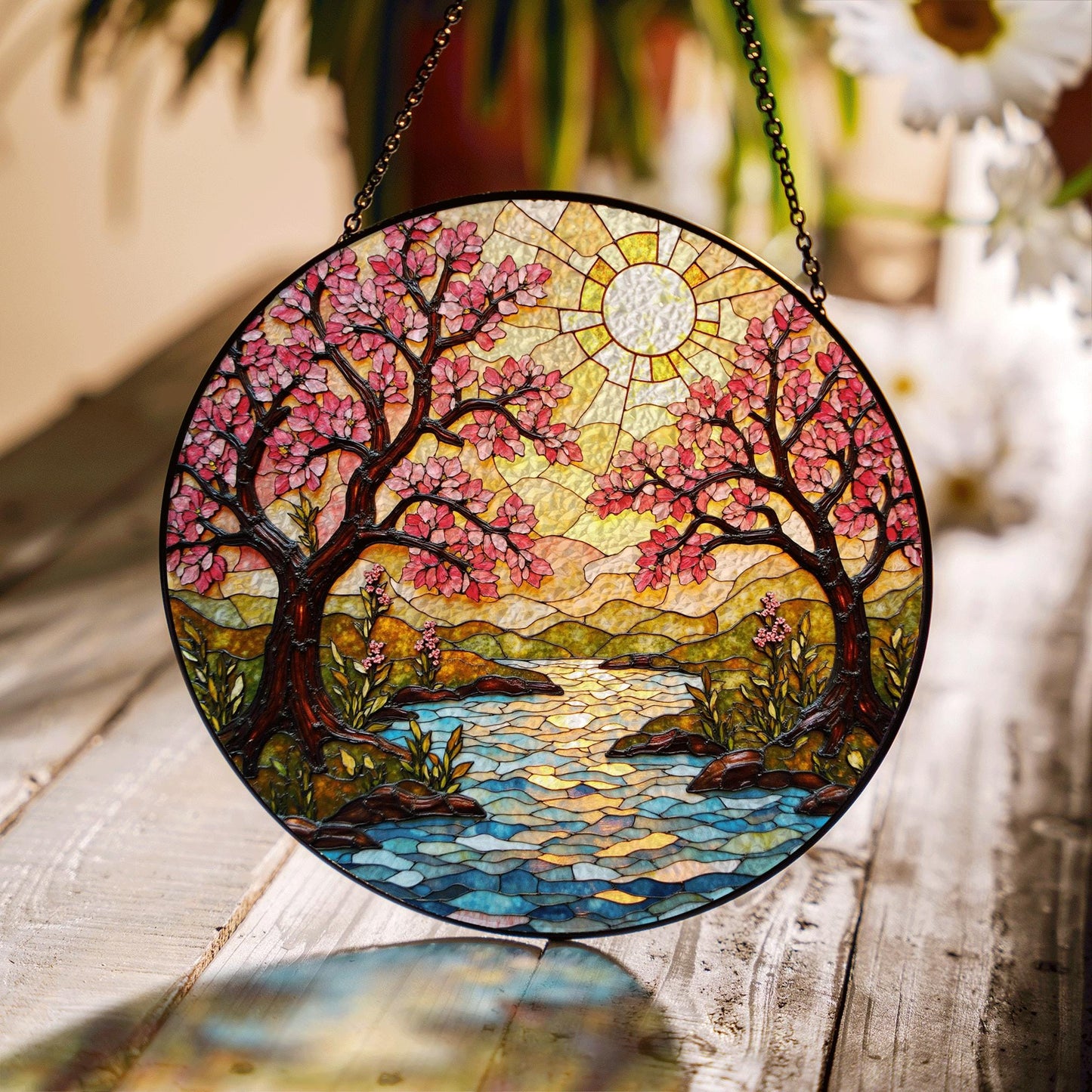 Cherry Blossom River Art Glass Suncatcher Spring Window Decor Gift for Mom or Nature Lover