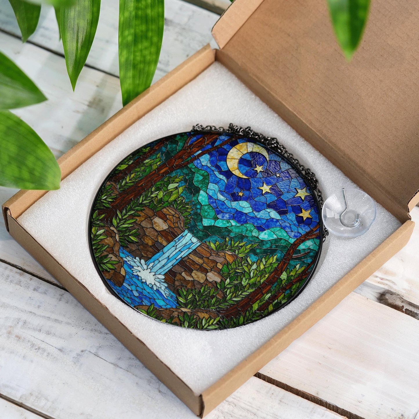 Moonlit Waterfall Forest Scene Stained Glass Style Suncatcher Gift for Nature Lover