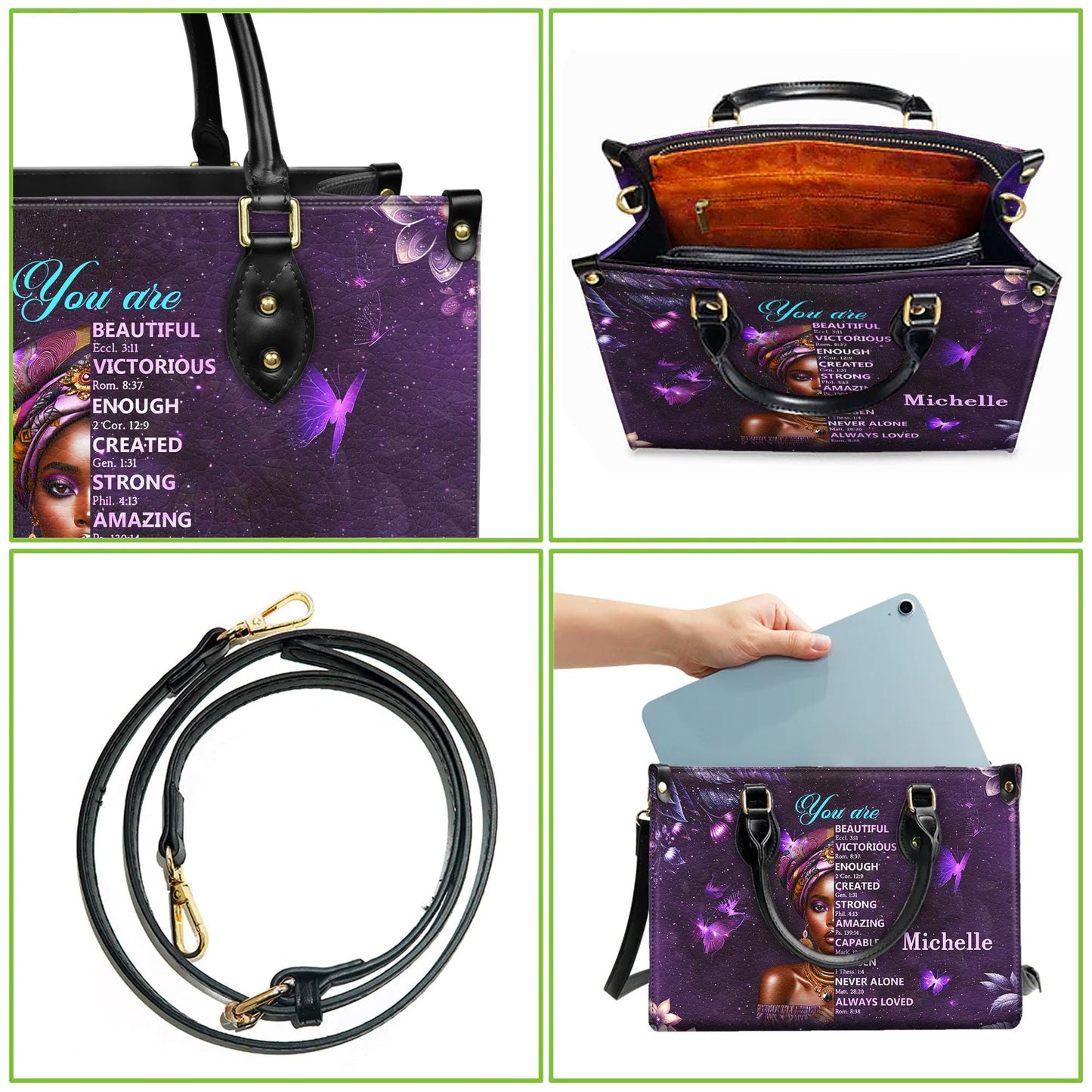 Personalized Leather Handbag Custom Name, Christian Gift, Gifts for Women, You Are Beautiful Victorious Bag, African American Woman Design