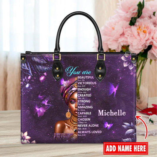 Personalized Leather Handbag Custom Name, Christian Gift, Gifts for Women, You Are Beautiful Victorious Bag, African American Woman Design