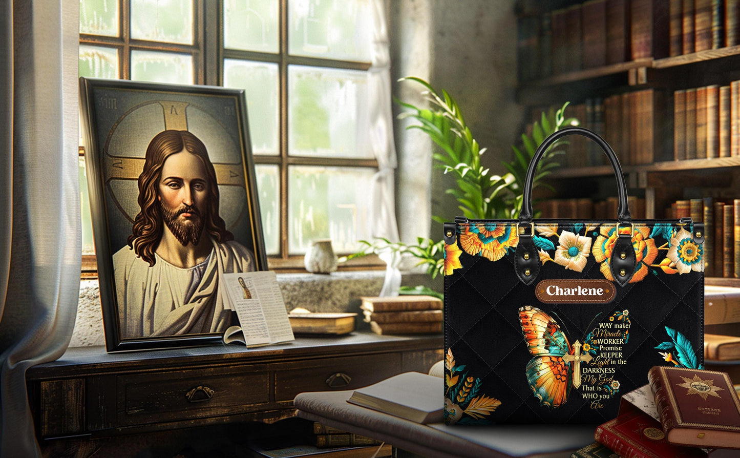 Way Maker Miracle Worker Tote, Personalized Christian Bag with Name, Faux Leather Butterfly Cross Purse, Religious Gift for Her