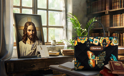 Way Maker Miracle Worker Tote, Personalized Christian Bag with Name, Faux Leather Butterfly Cross Purse, Religious Gift for Her