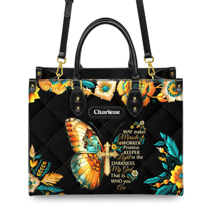 Way Maker Miracle Worker Tote, Personalized Christian Bag with Name, Faux Leather Butterfly Cross Purse, Religious Gift for Her