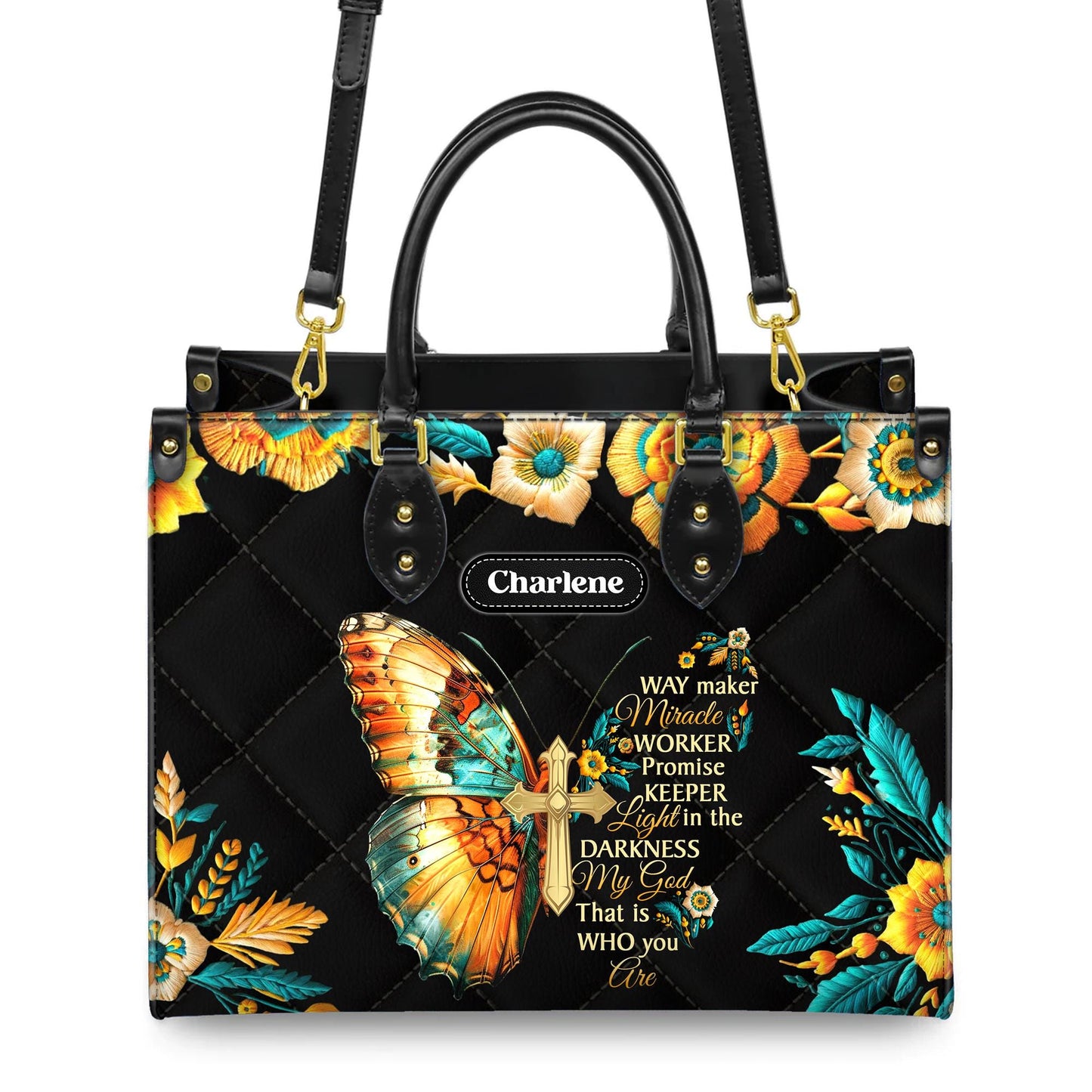 Way Maker Miracle Worker Tote, Personalized Christian Bag with Name, Faux Leather Butterfly Cross Purse, Religious Gift for Her