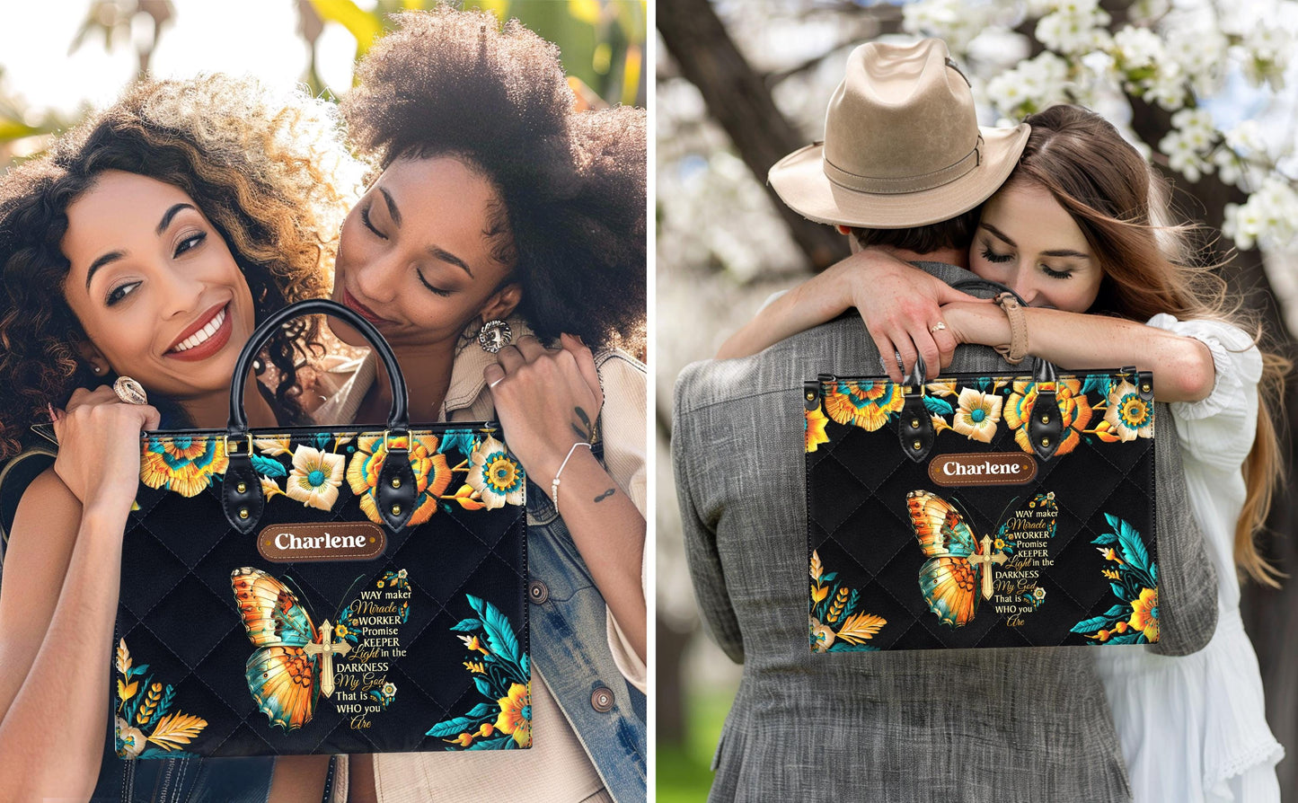 Way Maker Miracle Worker Tote, Personalized Christian Bag with Name, Faux Leather Butterfly Cross Purse, Religious Gift for Her