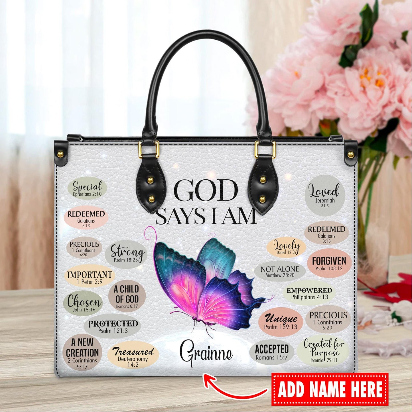 Personalized Leather Handbag Custom Name, Christian Gift, Gifts for Women, God Says I Am Bag, Butterfly and Inspirational Words Design