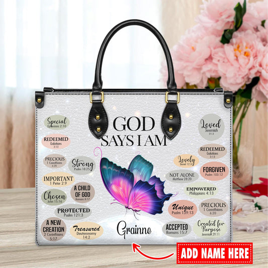 Personalized Leather Handbag Custom Name, Christian Gift, Gifts for Women, God Says I Am Bag, Butterfly and Inspirational Words Design