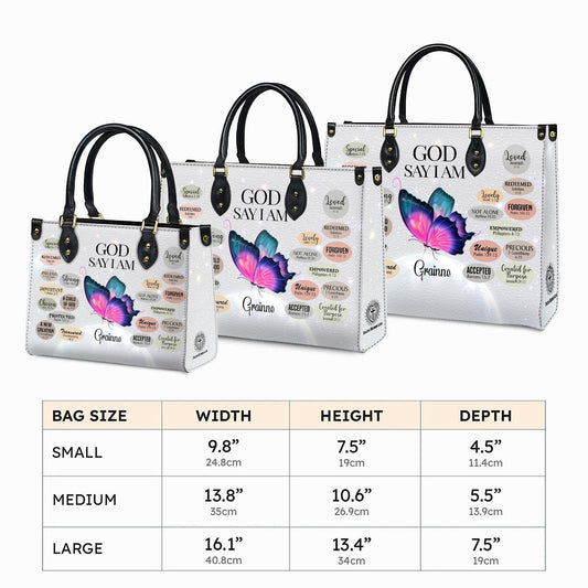 Personalized Leather Handbag Custom Name, Christian Gift, Gifts for Women, God Says I Am Bag, Butterfly and Inspirational Words Design