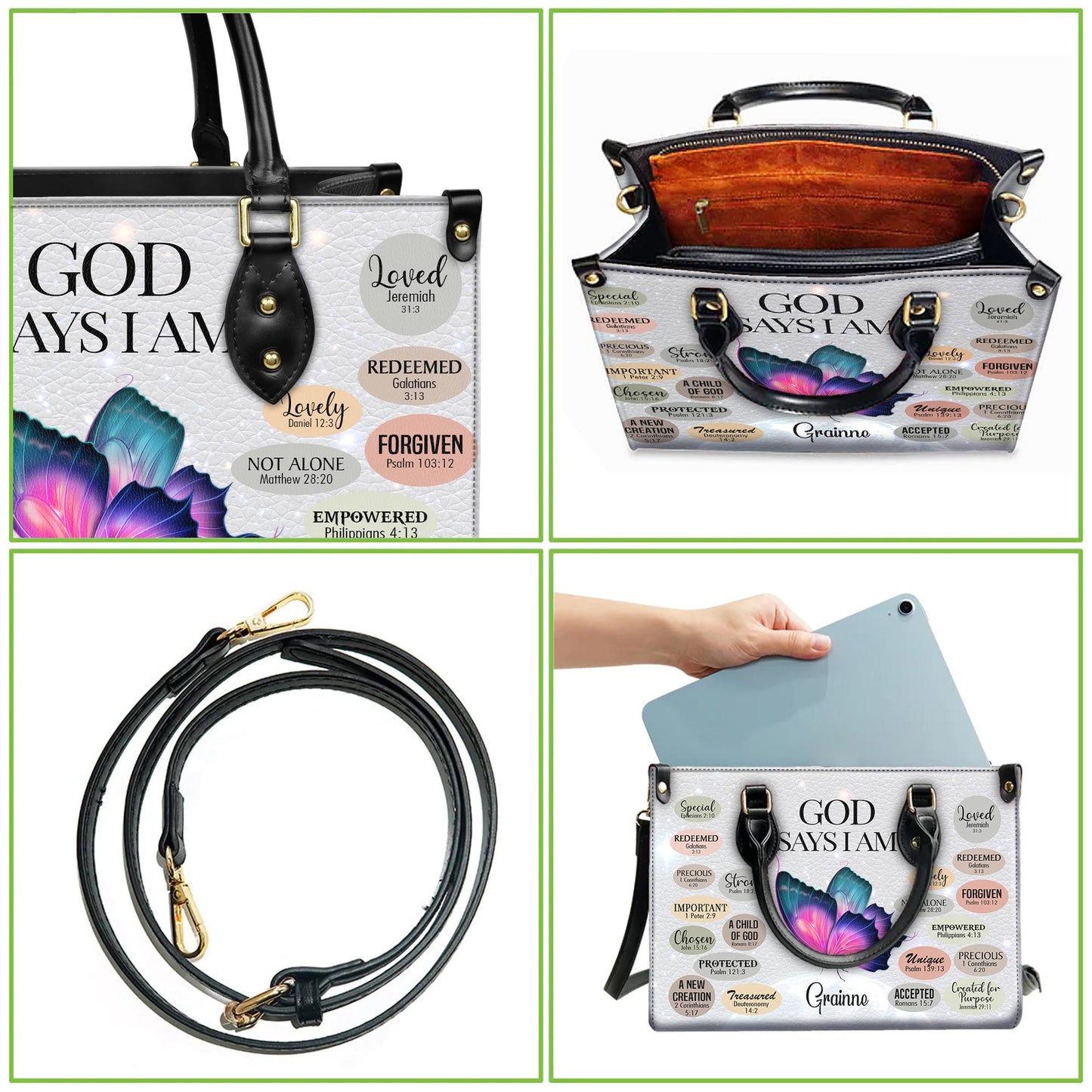 Personalized Leather Handbag Custom Name, Christian Gift, Gifts for Women, God Says I Am Bag, Butterfly and Inspirational Words Design