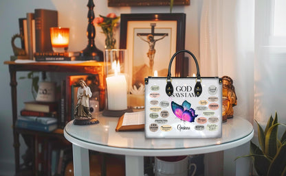 Personalized Leather Handbag Custom Name, Christian Gift, Gifts for Women, God Says I Am Bag, Butterfly and Inspirational Words Design