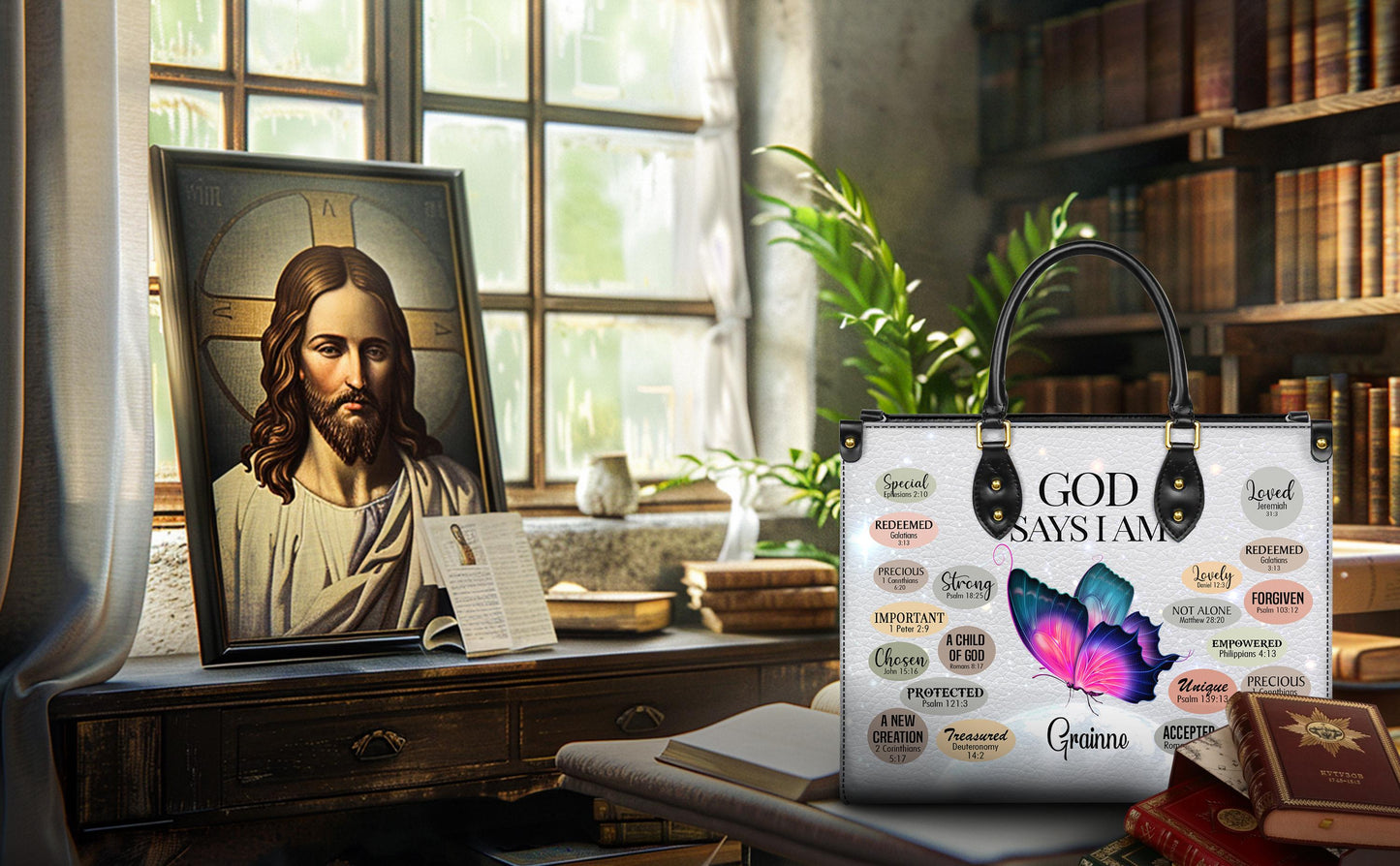 Personalized Leather Handbag Custom Name, Christian Gift, Gifts for Women, God Says I Am Bag, Butterfly and Inspirational Words Design