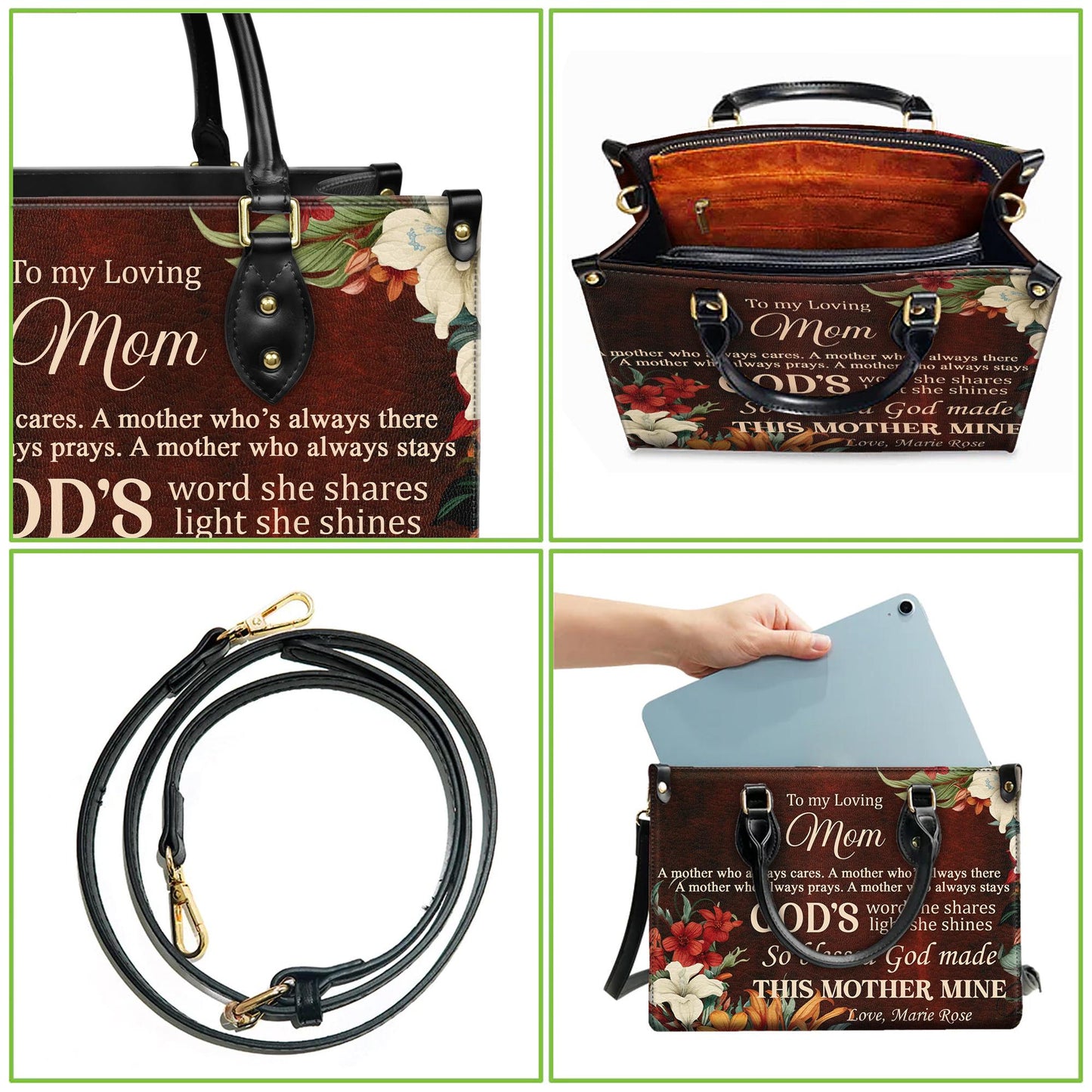 Personalized Leather Handbag Custom Name, Christian Gift, Gifts for Women, To My Loving Mom Bag, God’s Word and Floral Design