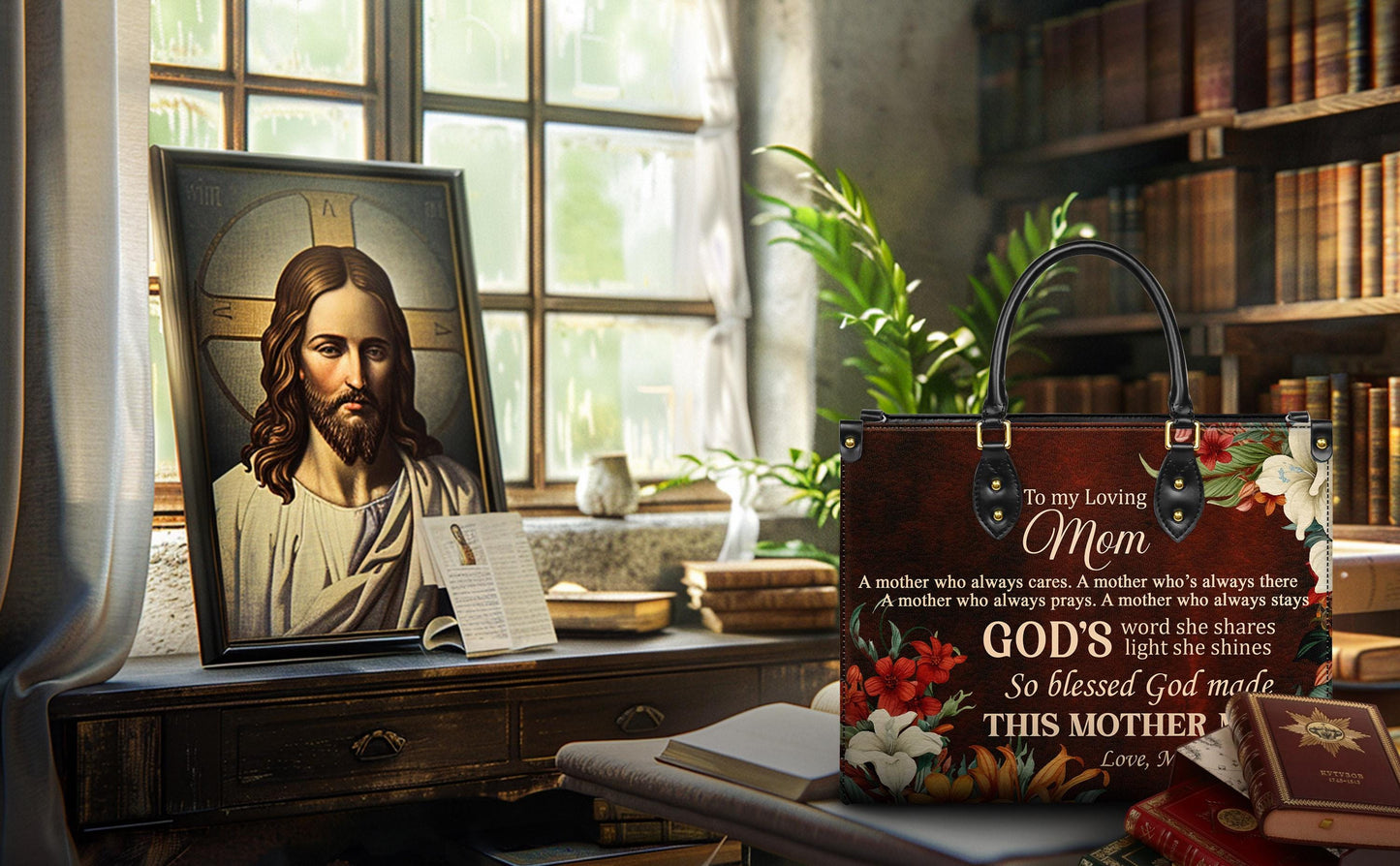 Personalized Leather Handbag Custom Name, Christian Gift, Gifts for Women, To My Loving Mom Bag, God’s Word and Floral Design