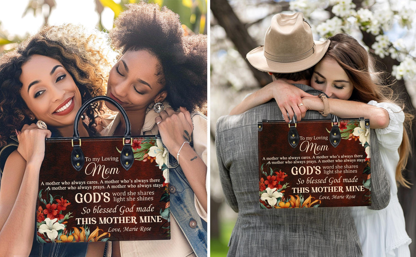 Personalized Leather Handbag Custom Name, Christian Gift, Gifts for Women, To My Loving Mom Bag, God’s Word and Floral Design