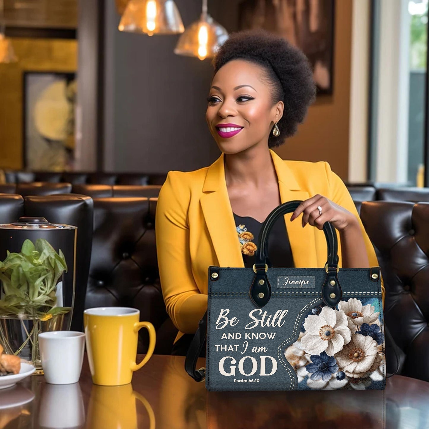 Personalized Christian Tote Bag, Be Still And Know Floral Purse, Custom Name Denim Style Handbag, Religious Gift for Her, Psalm 46:10 Bag