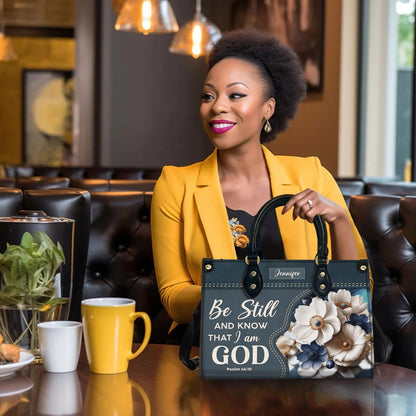 Personalized Christian Tote Bag, Be Still And Know Floral Purse, Custom Name Denim Style Handbag, Religious Gift for Her, Psalm 46:10 Bag