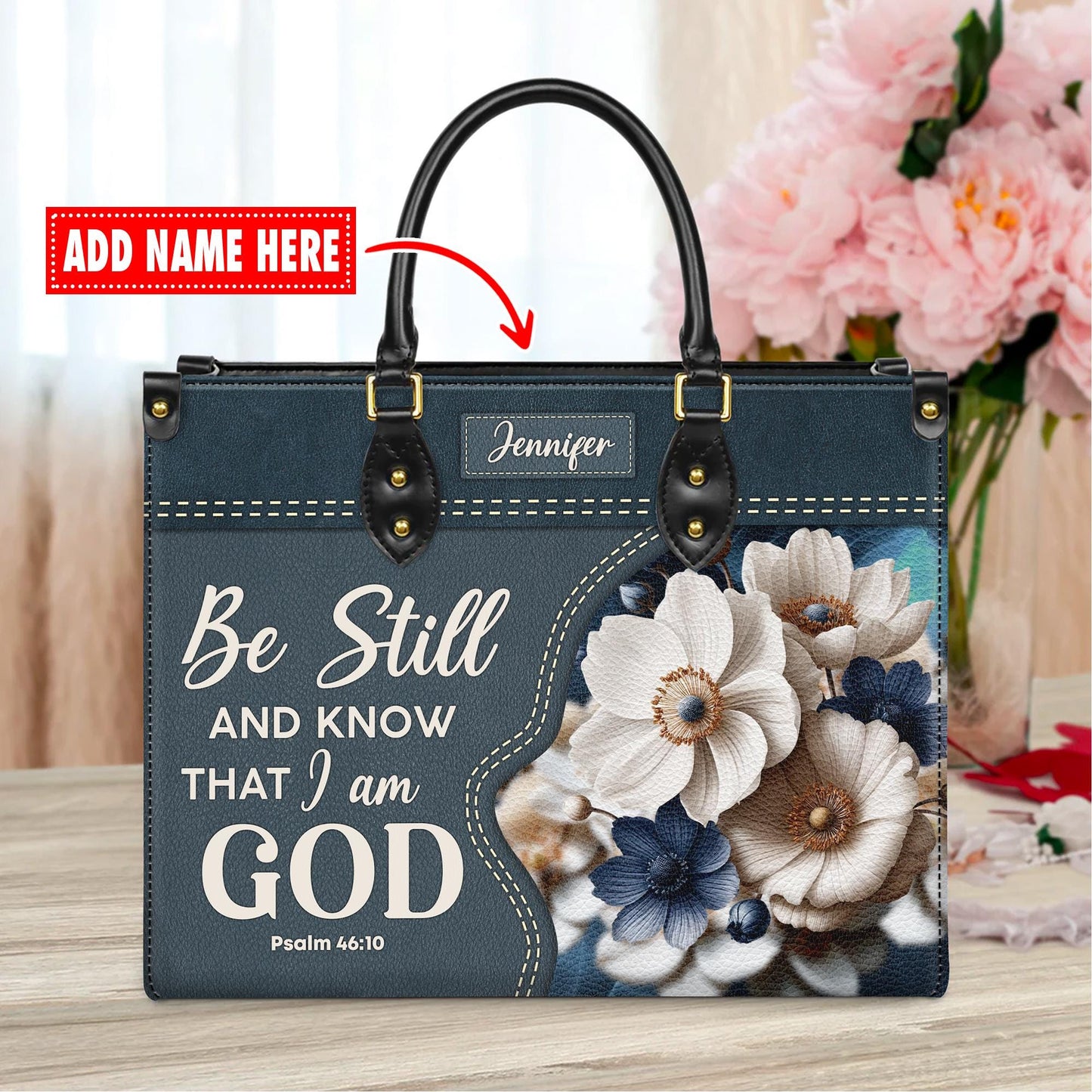 Personalized Christian Tote Bag, Be Still And Know Floral Purse, Custom Name Denim Style Handbag, Religious Gift for Her, Psalm 46:10 Bag