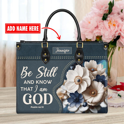 Personalized Christian Tote Bag, Be Still And Know Floral Purse, Custom Name Denim Style Handbag, Religious Gift for Her, Psalm 46:10 Bag