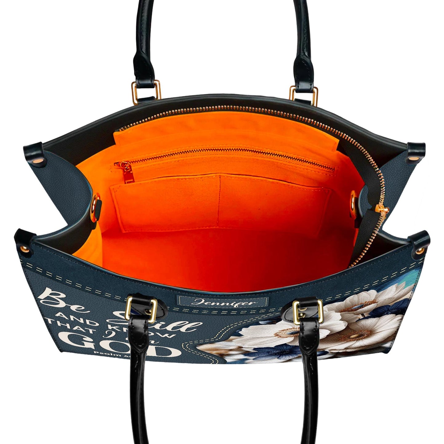 Personalized Christian Tote Bag, Be Still And Know Floral Purse, Custom Name Denim Style Handbag, Religious Gift for Her, Psalm 46:10 Bag