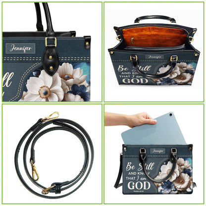 Personalized Christian Tote Bag, Be Still And Know Floral Purse, Custom Name Denim Style Handbag, Religious Gift for Her, Psalm 46:10 Bag