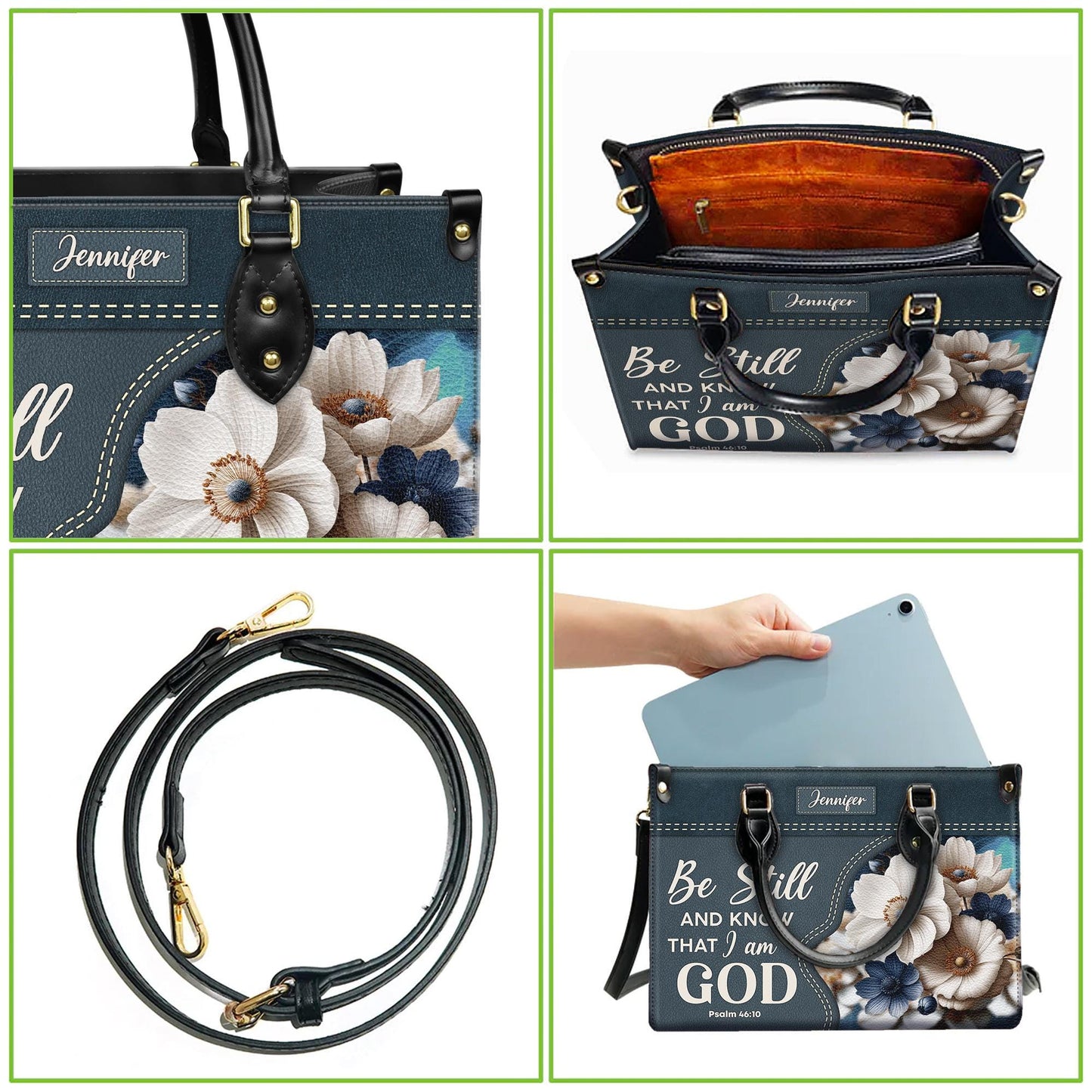 Personalized Christian Tote Bag, Be Still And Know Floral Purse, Custom Name Denim Style Handbag, Religious Gift for Her, Psalm 46:10 Bag