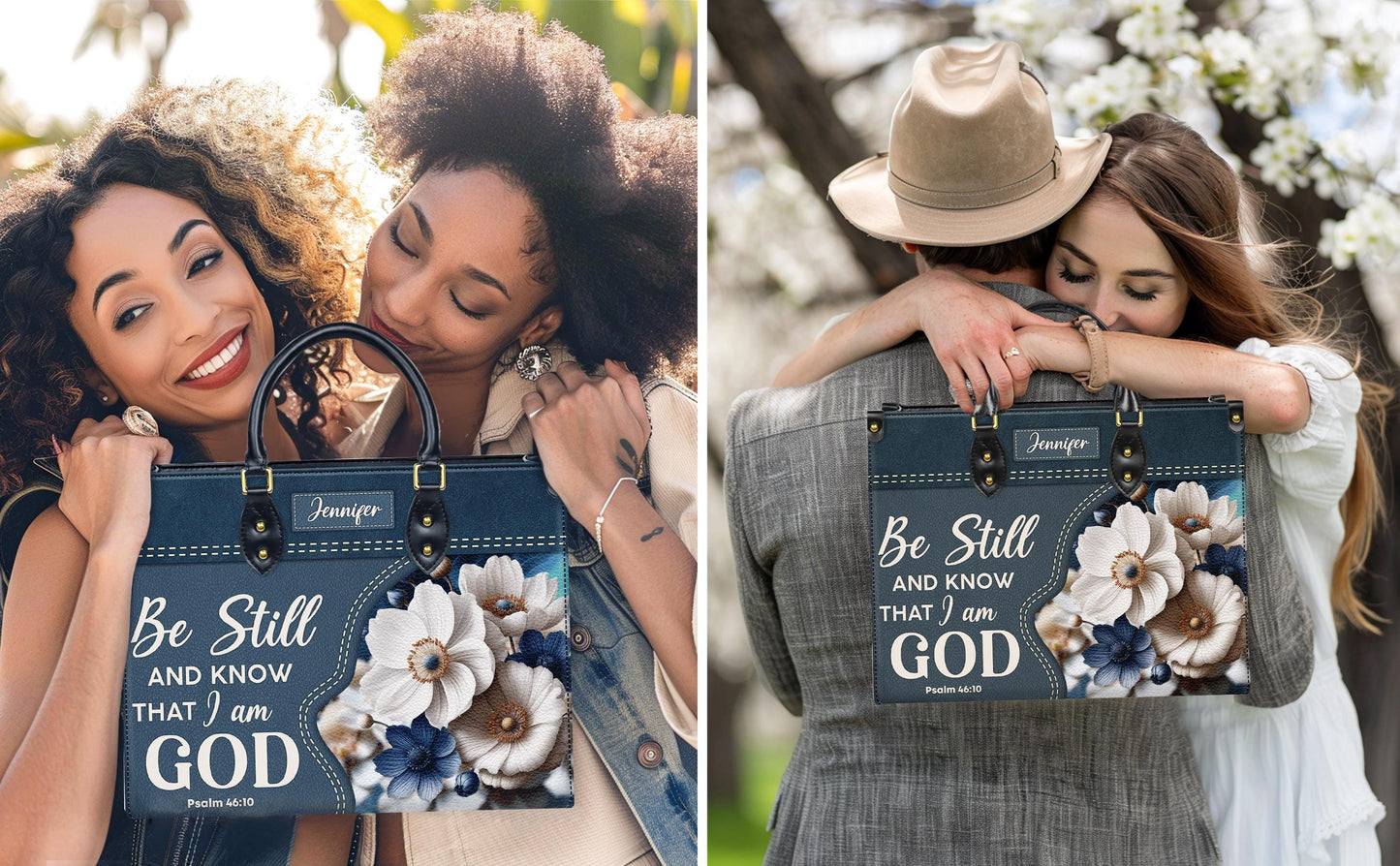 Personalized Christian Tote Bag, Be Still And Know Floral Purse, Custom Name Denim Style Handbag, Religious Gift for Her, Psalm 46:10 Bag