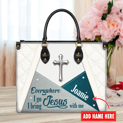 Personalized Leather Handbag Custom Name, Christian Gift, Gifts for Women, Everywhere I Go Jesus With Me Bag, Cross & Geometric Design