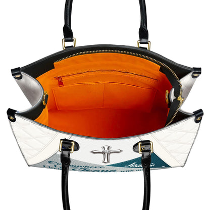 Personalized Leather Handbag Custom Name, Christian Gift, Gifts for Women, Everywhere I Go Jesus With Me Bag, Cross & Geometric Design