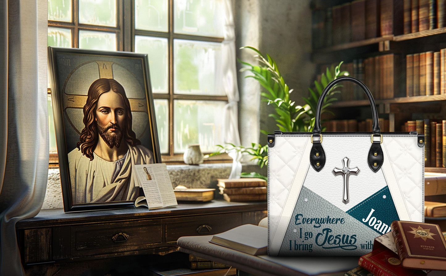 Personalized Leather Handbag Custom Name, Christian Gift, Gifts for Women, Everywhere I Go Jesus With Me Bag, Cross & Geometric Design
