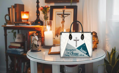 Personalized Leather Handbag Custom Name, Christian Gift, Gifts for Women, Everywhere I Go Jesus With Me Bag, Cross & Geometric Design