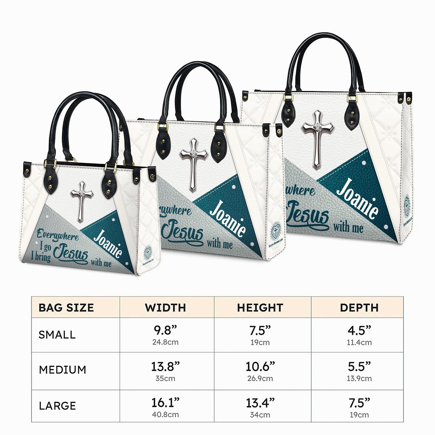 Personalized Leather Handbag Custom Name, Christian Gift, Gifts for Women, Everywhere I Go Jesus With Me Bag, Cross & Geometric Design