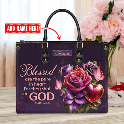 Personalized Leather Handbag Custom Name, Christian Gift, Gifts for Women, Blessed Are the Pure in Heart Bag, Rose & Heart Design
