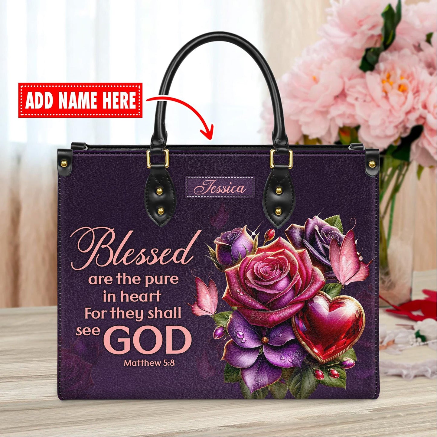 Personalized Leather Handbag Custom Name, Christian Gift, Gifts for Women, Blessed Are the Pure in Heart Bag, Rose & Heart Design
