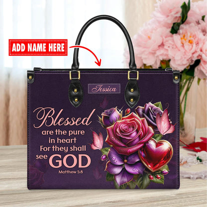 Personalized Leather Handbag Custom Name, Christian Gift, Gifts for Women, Blessed Are the Pure in Heart Bag, Rose & Heart Design
