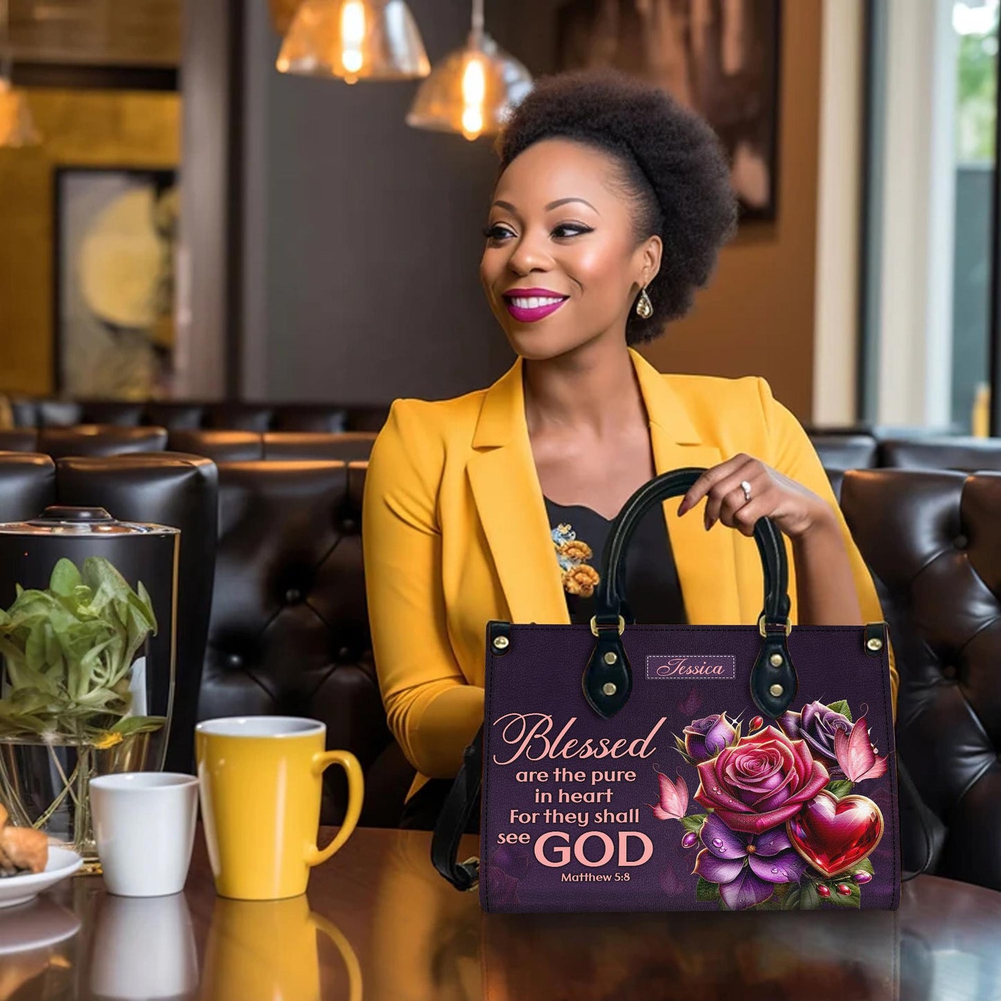 Personalized Leather Handbag Custom Name, Christian Gift, Gifts for Women, Blessed Are the Pure in Heart Bag, Rose & Heart Design