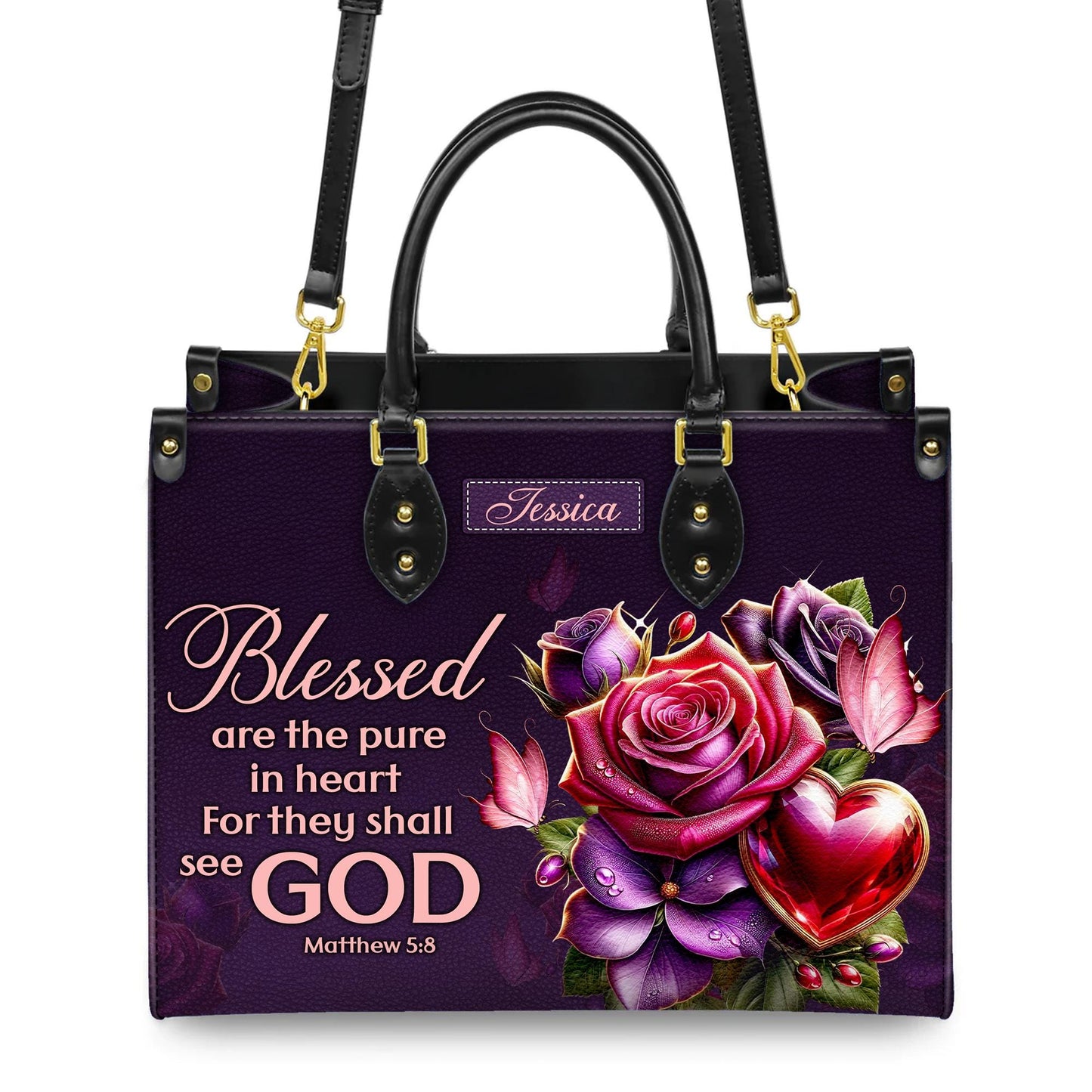 Personalized Leather Handbag Custom Name, Christian Gift, Gifts for Women, Blessed Are the Pure in Heart Bag, Rose & Heart Design