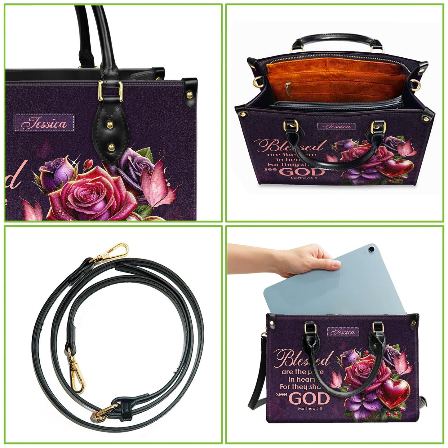 Personalized Leather Handbag Custom Name, Christian Gift, Gifts for Women, Blessed Are the Pure in Heart Bag, Rose & Heart Design