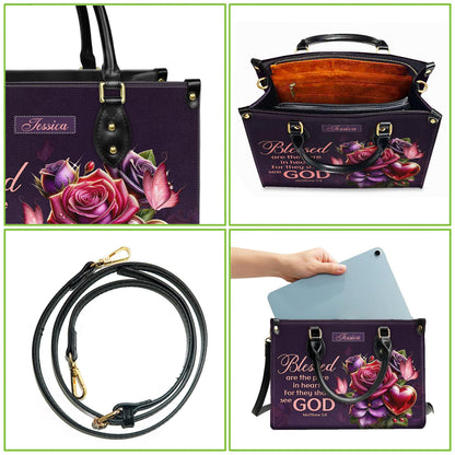 Personalized Leather Handbag Custom Name, Christian Gift, Gifts for Women, Blessed Are the Pure in Heart Bag, Rose & Heart Design