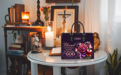 Personalized Leather Handbag Custom Name, Christian Gift, Gifts for Women, Blessed Are the Pure in Heart Bag, Rose & Heart Design