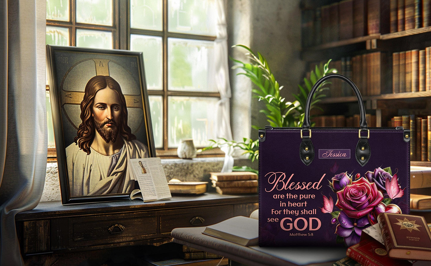 Personalized Leather Handbag Custom Name, Christian Gift, Gifts for Women, Blessed Are the Pure in Heart Bag, Rose & Heart Design