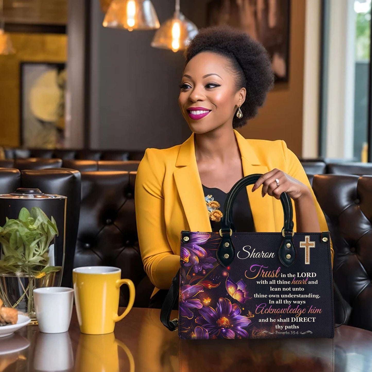 Personalized Leather Handbag Custom Name, Christian Gift, Gifts for Women, Trust in the Lord Bag, Floral Cross & Butterfly Design