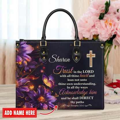 Personalized Leather Handbag Custom Name, Christian Gift, Gifts for Women, Trust in the Lord Bag, Floral Cross & Butterfly Design