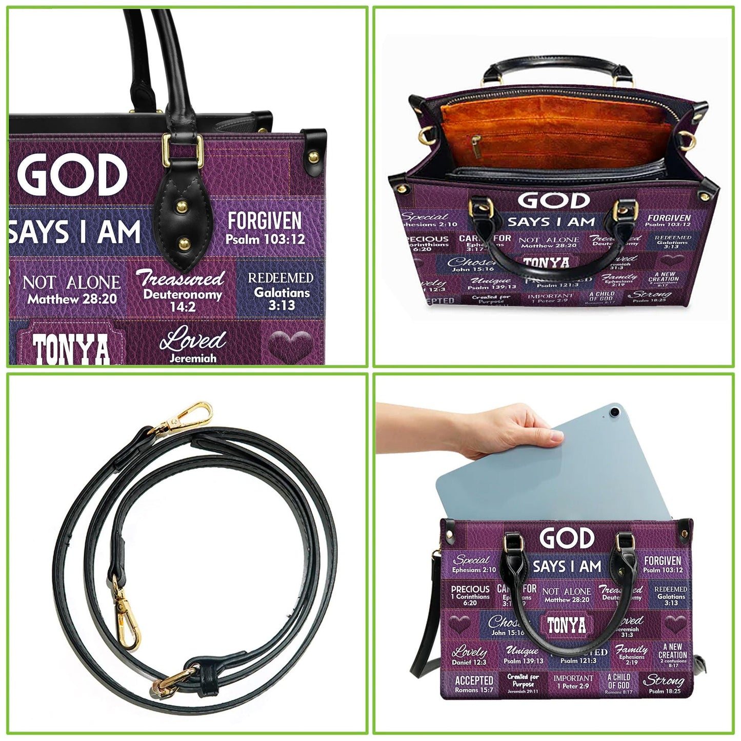 Personalized Leather Handbag Custom Name, Christian Gift, Gifts for Women, God Says I Am Inspirational Bag, Bible Verses Design