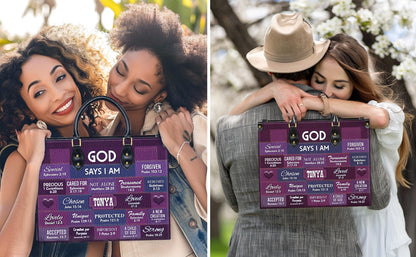 Personalized Leather Handbag Custom Name, Christian Gift, Gifts for Women, God Says I Am Inspirational Bag, Bible Verses Design